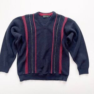 Vintage Blarney Woolen Mills V-neck Sweater Large Navy Blue Red Stripes